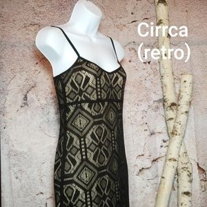 Vintage 90s full length dress with black lace and nude colored liner.